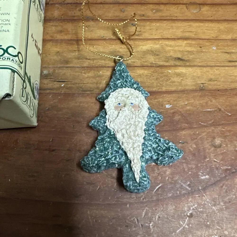 Vintage Enesco Belsnickle Santa Face On Tree Shape Hanging Ornament In Box